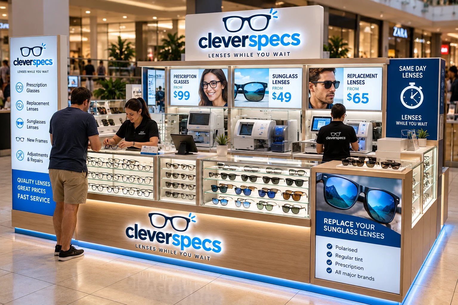 Original CleverSpecs kiosk concept with blue and navy signage and timber counters