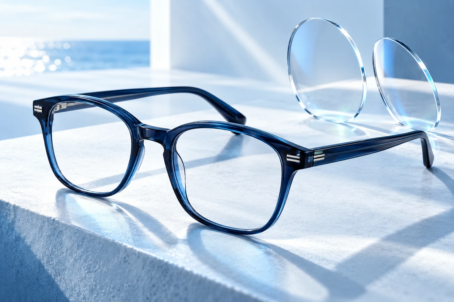Concept artwork of navy optical frames and clear replacement lenses