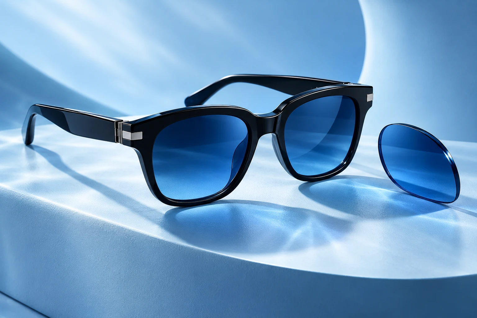 Concept artwork of black sunglasses with blue tinted lenses